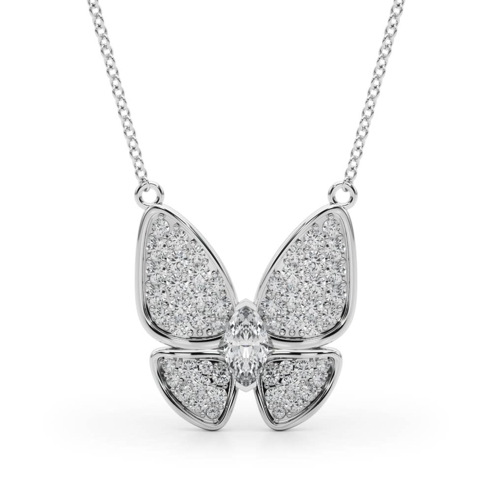 Butterfly Diamond Pendant Necklace in 14K Gold or Silver – Marquise Center & Pavé Wings (0.25 CTW, Lab/Natural)