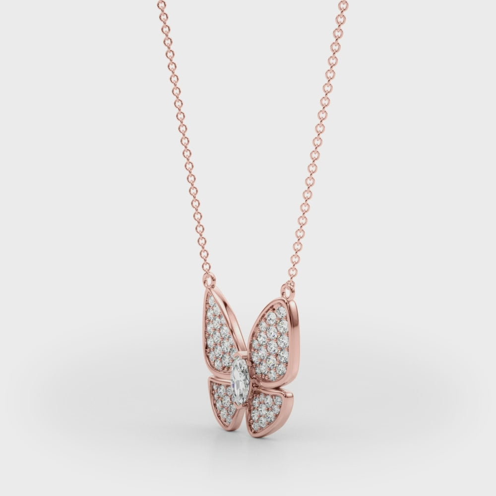 Butterfly Diamond Pendant Necklace in 14K Gold or Silver – Marquise Center & Pavé Wings (0.25 CTW, Lab/Natural)